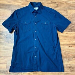 Claiborne Slim Fit Button Up Stretch Shirt Large Blue Cotton Short Sleeve Mens